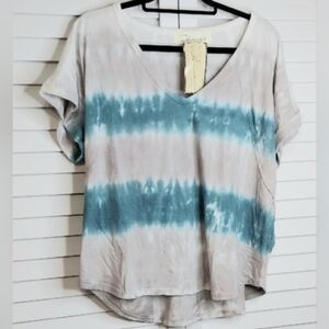 Vintage Havana Tee, Size M, Tie-Dye Blue Grey, Short Cuffed Sleeves, Vneck, New!